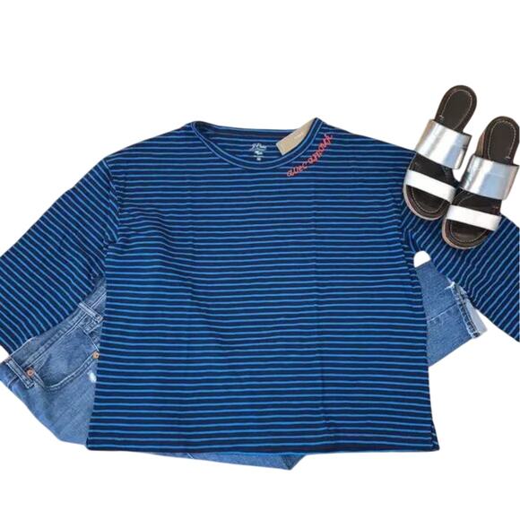 NWT J. Crew Blue Stripe W/ Embroidered "Avec Amour" T-shirt - SIZE S - Picture 2 of 10